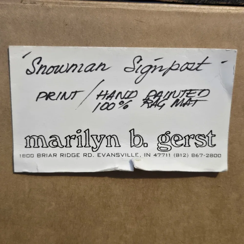Marilyn‎ B Gerst Snowman Signpost Framed Christmas Print Hand Painted Indiana